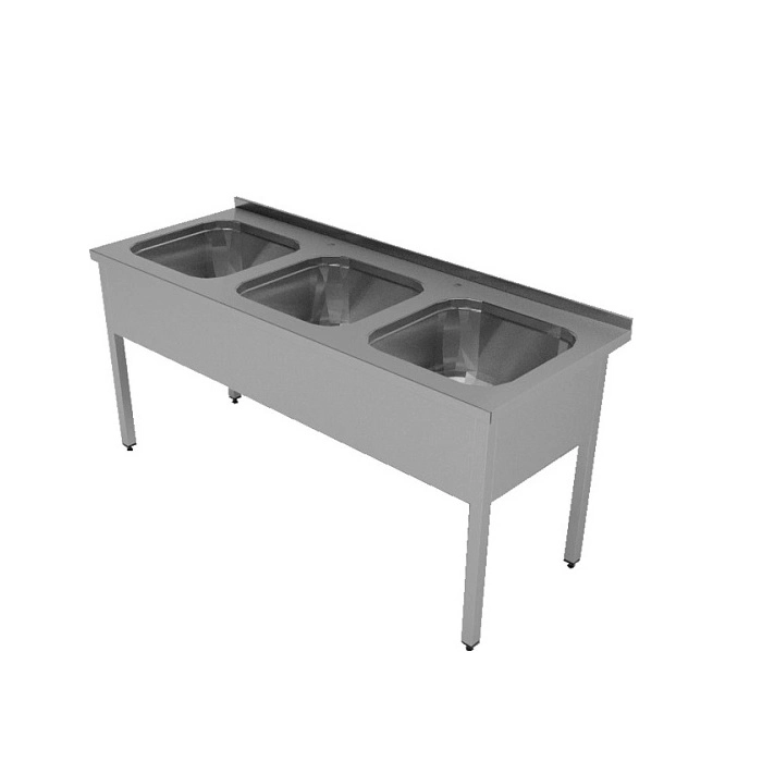 Ванна моечная Gastrolux серии R, 3-гнездовая (500х400х250), широкий фартук с 3-х сторон, разборный каркас, 2 отверстия под смеситель между гнездами, 1800х600х850 купить в Москве | Балтик Мастер