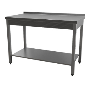 Стол Gastroluх серии R с бортом, с нижней сплошной полкой, каркас разборный - нерж. профиль 40х40, отступ задних ног 80 мм, нерж. сталь AISI 430, 1500х700х850