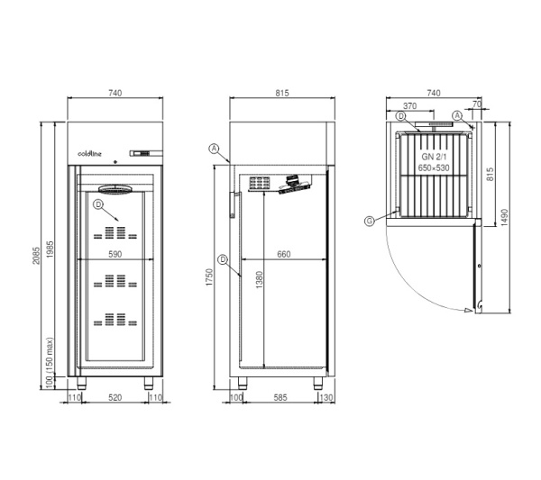 Шкаф холодильный Coldline Smart 700, A70/1NE, 3 уровня GN2/1, со встроенным агрегатом