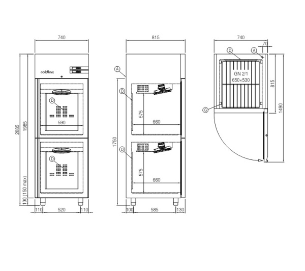 Шкаф холодильный комбинированный Coldline Master Combi 700, A70/2MB, 4 уровня GN2/1, со встроенным агрегатом