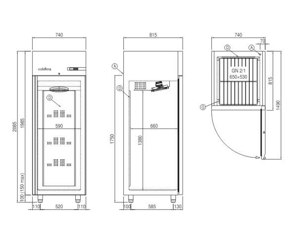 Шкаф холодильный Coldline Master 700, A70/1N, 3 уровня GN2/1, со встроенным агрегатом