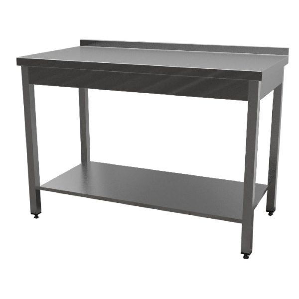 Стол серии R с бортом, с нижней сплошной полкой, каркас разборный - нерж. профиль 40х40, отступ задних ног 80 мм, нерж. сталь AISI 430, 600х700х850