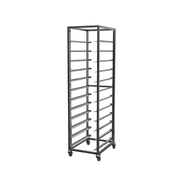 Тележка-шпилька 1 секционная, сварной каркас - нерж.профиль 25х25, 12 уровней направляющих под лоток 600х400, колеса поворотные d=75 мм,  2 колеса с тормозом, нерж.сталь