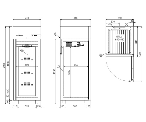 Шкаф морозильный Coldline Smart 700, A70/1ВE, 3 уровня GN2/1, со встроенным агрегатом