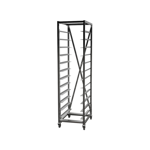 Тележка-шпилька 1 секционная, разборный каркас - нерж. профиль 25х25, 12 уровней 600х400, колеса поворотные d=75 мм, 2 колеса с тормозом, 610х460х1800