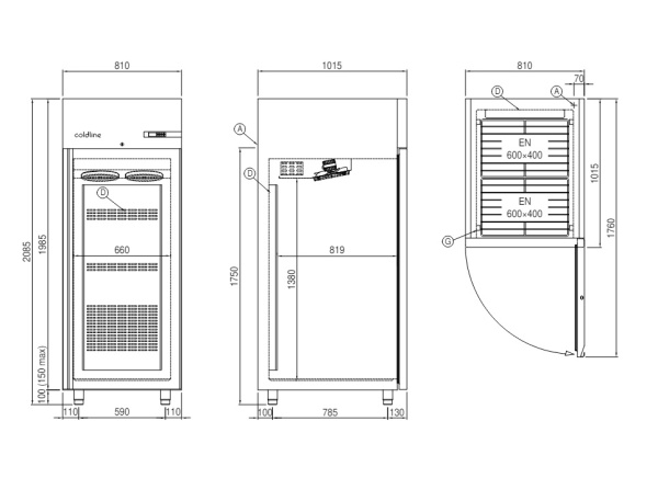 Шкаф морозильный Coldline Wind 900, A90/1B, 20 уровней 600x800, со встроенным агрегатом