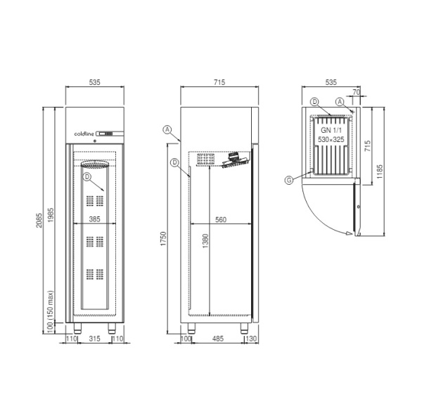 Шкаф холодильный Coldline Master 350, A30/1N, 3 уровней GN1/1, со встроенным агрегатом