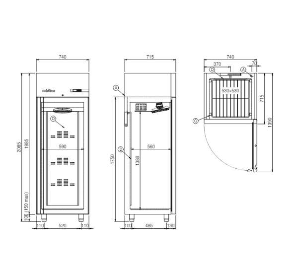 Шкаф холодильный Coldline Smart 600, A60/1NER, 3 уровня 530x530, под выносной холод