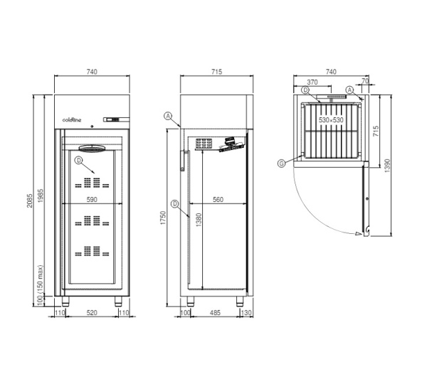 Шкаф холодильный Coldline Smart 600, A60/1NE, 3 уровня 530x530, со встроенным агрегатом