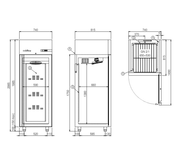 Шкаф холодильный Coldline Smart 700, A70/1ME, 3 уровня GN2/1, со встроенным агрегатом